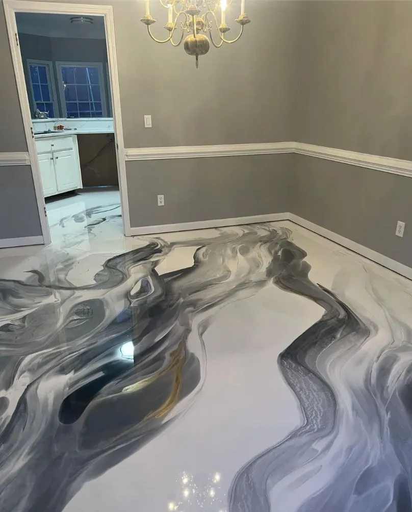Interior room floor coated with pearl and charcoal metallic epoxy